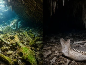 Bones in dark underwater caves stayed pristine while light left algae marks