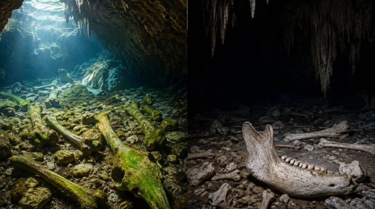Bones in dark underwater caves stayed pristine while light left algae marks