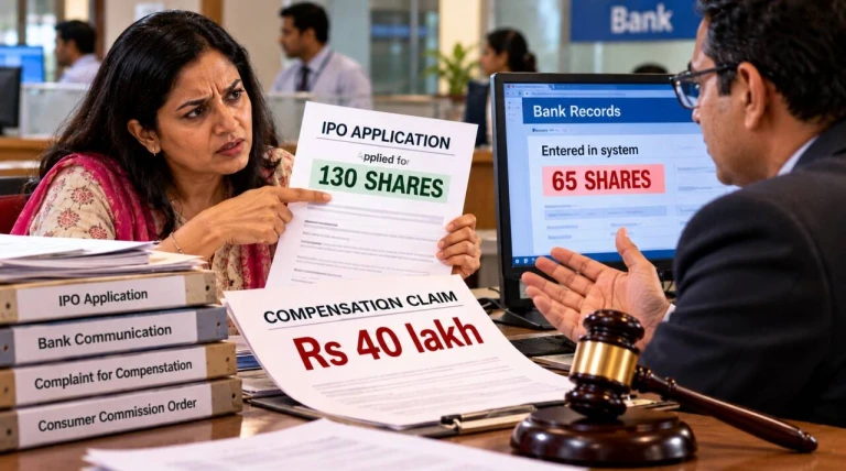 Woman applies for 130 shares, bank enters 65; commission awards Rs 37,000, not Rs 40L